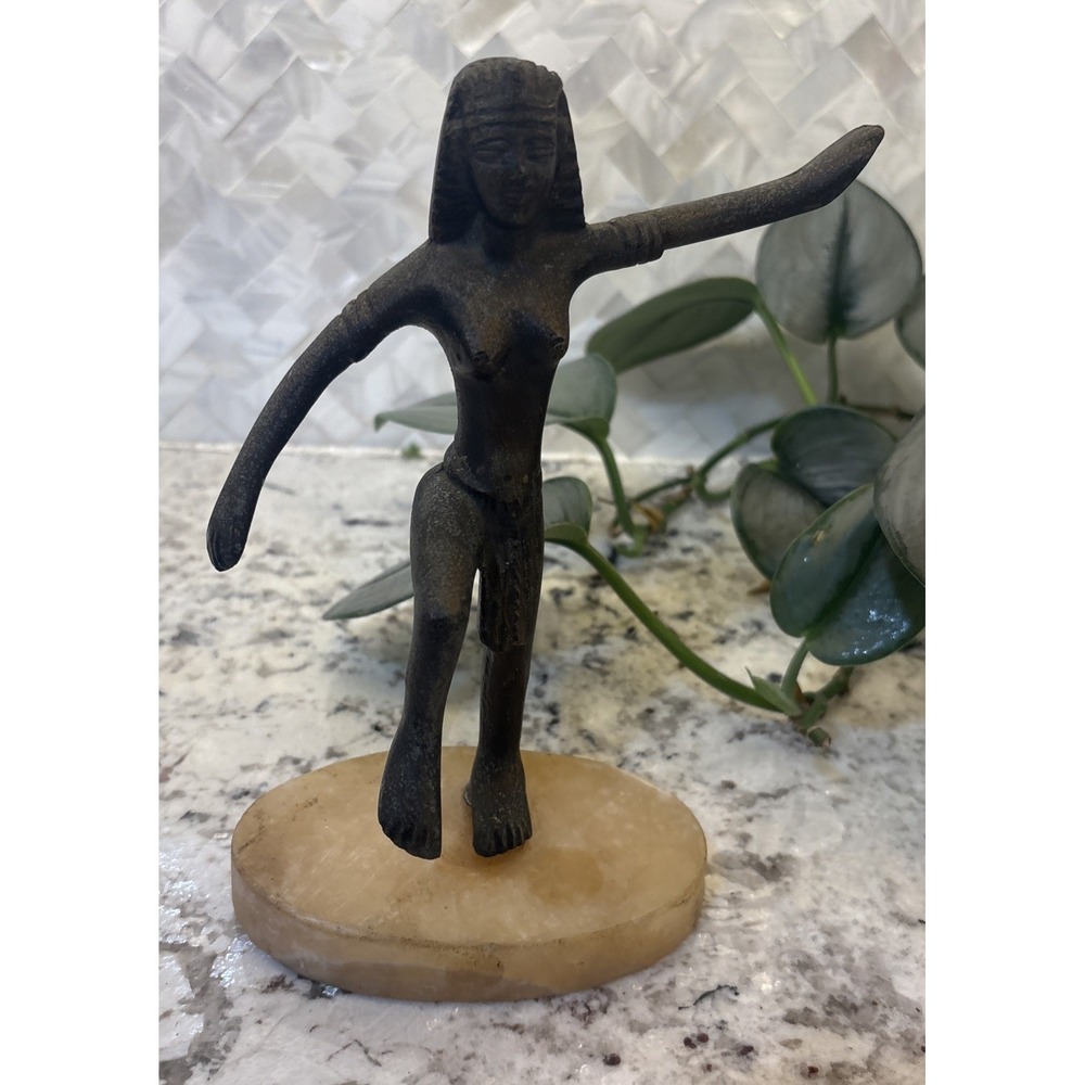 Vintage Egyptian Revival Metal Dancing Sculpture Mounted on Onyx Base MCM Decor